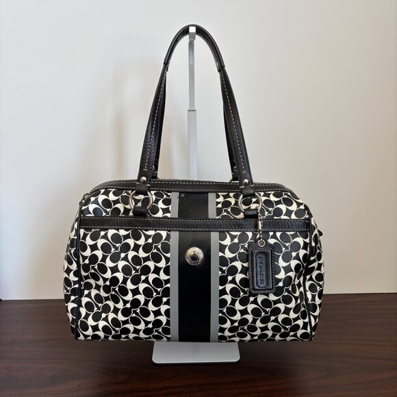 COACH F15132 Black White Heritage Signature Satchel Bag and Pouch Wristlet - Picture 2 of 14